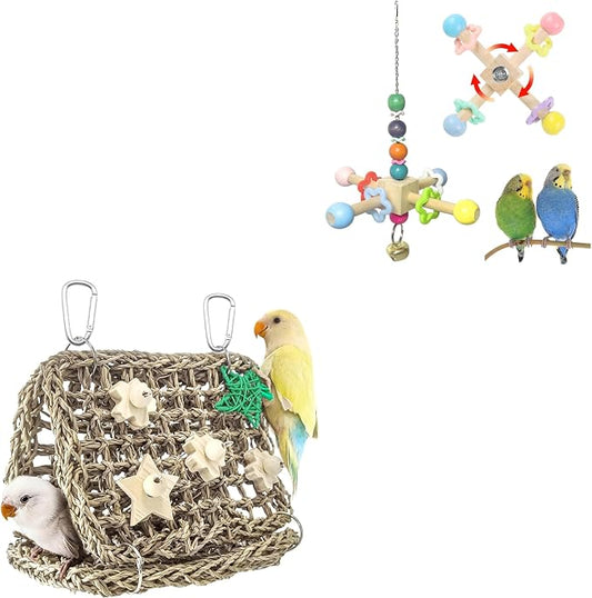 Jevnd 2pcs Bird Spinner Toys & Seagrass Bed Set - Natural Wood Parrot Toys with Bells, Handwoven Nest & Climbing Ladder, Chewable Hammock for Cockatiels, Conures, Lovebirds, Budgies, Quaker