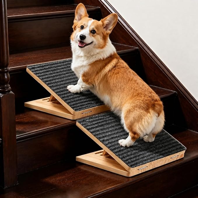Dog Ramp for Stairs, 2 Pack Foldable Stair Ramp for Dogs, Adjustable Solid Wood Pet Steps for Small Dogs, Senior, Short-Legged and Injured Pets, Elderly Dog Stair Wedges Assist