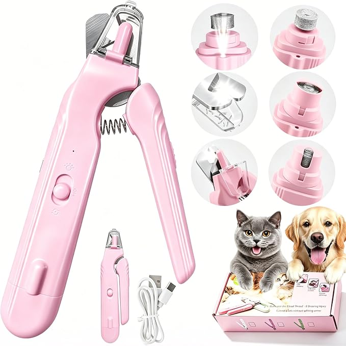 2-in-1 Dog Nail Grinder & Dog Nail Clippers Trimmers for Large Medium Small Dogs Cats Pets Claw Trimmer with LED Lights (Pink)