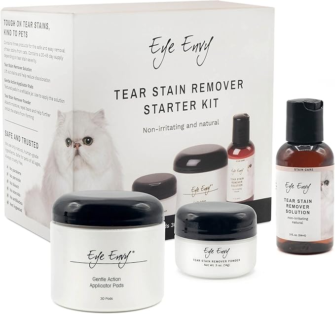 Eye Envy Cat Tear Stain Remover Starter Kit. Gentle, Natural, Safe. Contains: Stain Solution, Applicator Pads, and Stain Powder. Tear Stain Cleaning Kit. Lasts 30-45 Days. Made in USA