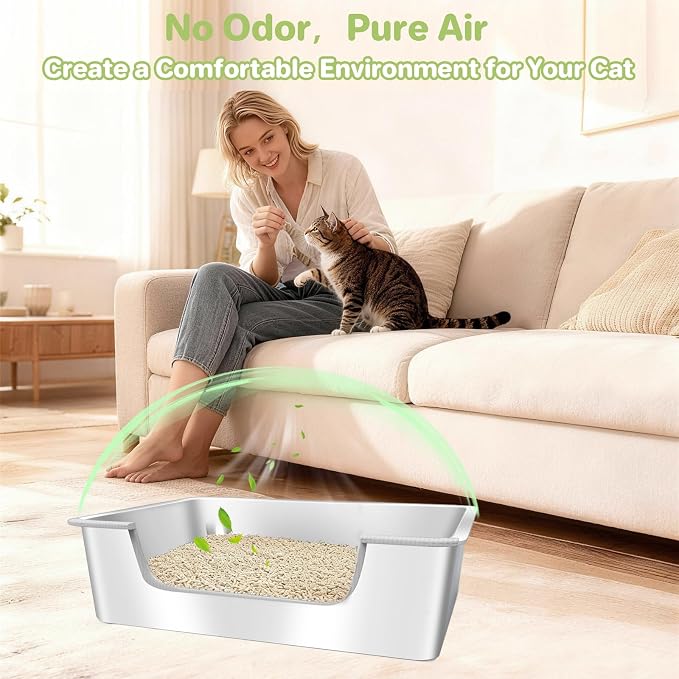 Low Entry Litter Box for Senior or Disabled & Injured Cats, Stainless Steel High Sided Enclosed Easy Step in Entry-Metal Kitty Litter Box for Kittens, Odor Control (19.7”x13.8”x5.9”)