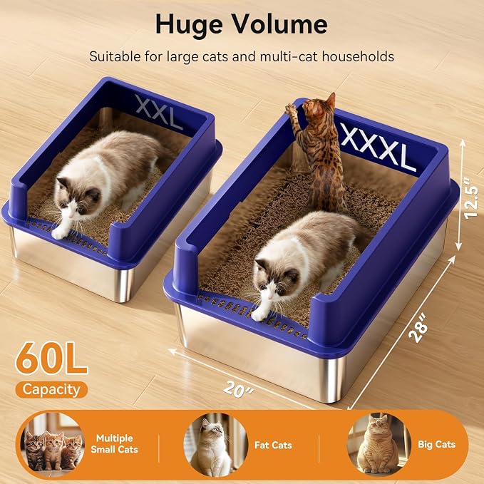 Jotesnew XXXL Stainless Steel Litter Box,28" L*20" W*12.5" H Large Capacity Metal Cat Litter Box for Big & Multiple Cats,Anti-Leakage,Non-Stick Surface for Easy Cleaning,Odor-Resistant,Blue