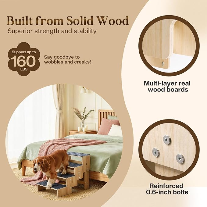 4-Step Wooden Dog Steps for Bed, Anti-Slip Dog Stairs with Carpet Pads, 23.6 Inches Pet Ramp for Dogs to Get on Bed, Pet Stairs for Old & Senior Dogs/Cats, Pet Steps Ladder for High Beds/Couch Sofa