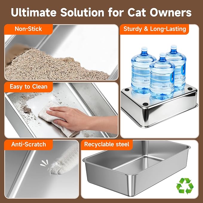 Stainless Steel Cat Litter Box with Lid, XL Extra Large High Sided Litter Box for Big Cats, Odor Free Open Top Litter Pan Easy Cleaning Anti-Urine Leakage Non-Stick, Includes Scoop