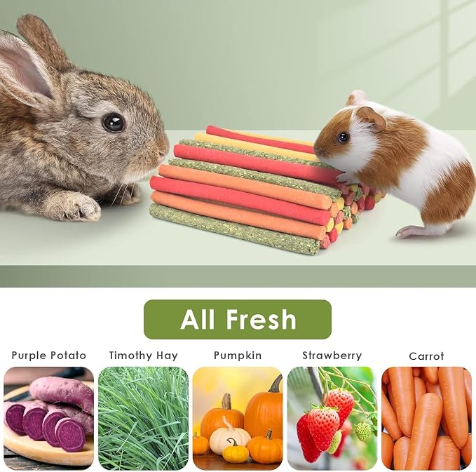 ERKOON 120Pcs Rabbit Timothy Hay Sticks, Five Flavors：PurplePotato/TimothyHay/Pumpkin/Strawberry/Carrot，Suitable Guinea Pig, Hamste, Gerbil, Chinchilla Treats, Chew Toys for Teeth for Bunnies