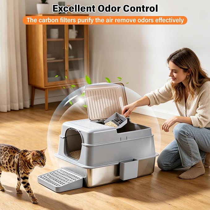 Enclosed Stainless Steel Cat Litter Box with Lid, XXXL Metal Litter Box with Collection Tray & Scoop, Odor-Free/Anti-Leakage & Non-Stick/Easy Clean, High-Sided Litter Box for Multiple Big Cats