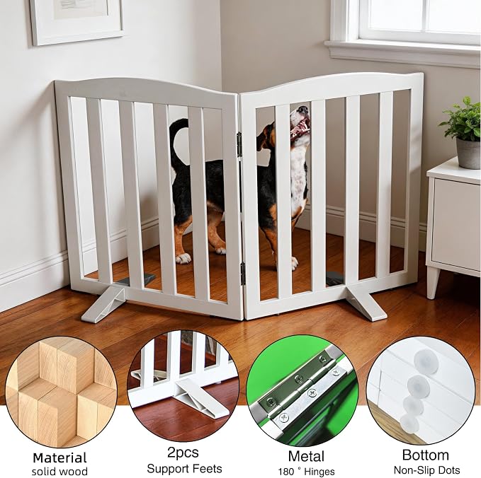 ZJSF Foldable Freestanding Indoor Dog Gate for House Wood White Long Pet Gates Dog Fence for Stairs Puppy Gates for Hallways,Pet Fence, Puppy Gate,Support Feet Included 32 "Height-2 Panels