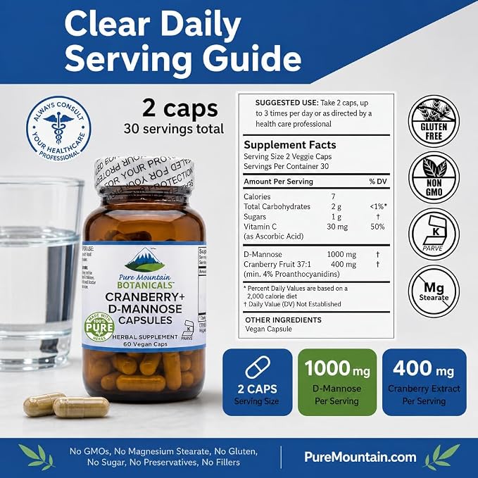 Pure Mountain Botanicals D Mannose with Cranberry Capsules - 60 Count Vegan Kosher - 1000mg D-Mannose for Urinary Tract Health - DMannose 1000mg with Vitamin C for Women and Men