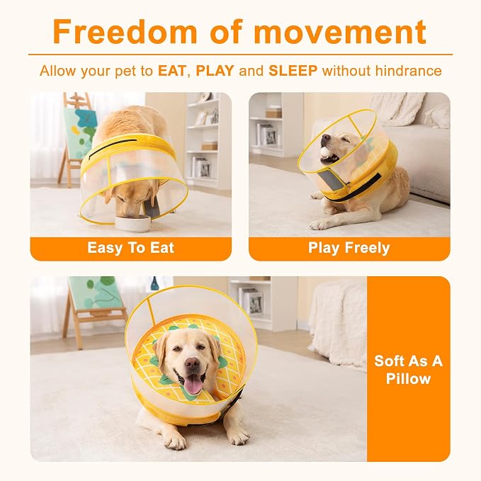 Inflatable Dog Cone Collar for Large Medium Small Dogs, Soft Dog Donut Collar Adjustable Recovery Cone for Pets After Surgery, Extra Enhanced Anti-Licking Guard Shield (Pineapple, Large)
