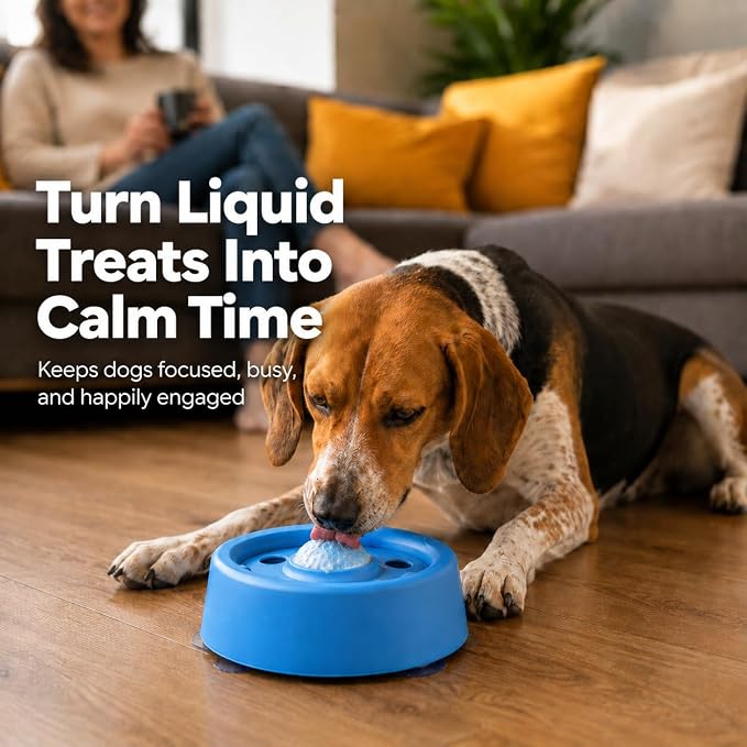 Dog Lick Bowl for Liquid Treats, Dog Lick Ball with Fixed Rolling Ball, 220ml PP Slow Feeder with 3 Suction Cups for Bone Broth Yogurt Supplements, Blue