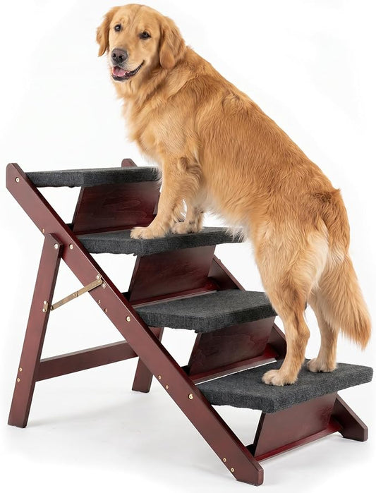 MEWANG Wooden Pet Stairs/Pet Steps - 3-in-1 Foldable Stairs & Ramp for Tall Beds and Cars - Portable Dog/Cat Ladder Up to 220 Pounds - for Small and Older Animals(Brown) (31.5" L x 17.2" W x 25.0" H)