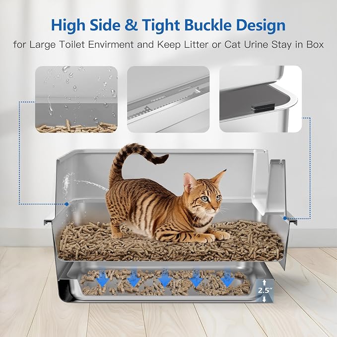 23.6x16x14'' Sifting Litter Box with Drawers, Stainless Steel Drawer Litter Box with 6'' Lid & Metal Scoop, XL Cat Litter Tray, Odor-Control & Saves Clean Time, Fits Most Cats
