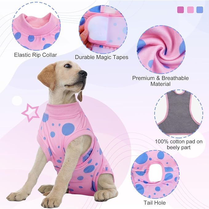 Kuoser Dog Surgery Suit, Soft Dog Spay Recovery Suit Female, Anti Licking Neuter Recovery Suit for Male Dogs, Post-Op Pet Surgical Suit Protective Wear E-Collar & Cone Alternative,Pink Polka Dots S