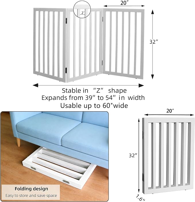 Dog Gate Indoor, Freestanding Dog Fence for The House, Doorways, Hallways,or Stairs,Pet Gate Foldable Wooden,Expandable 32" Height 3 Panels,White
