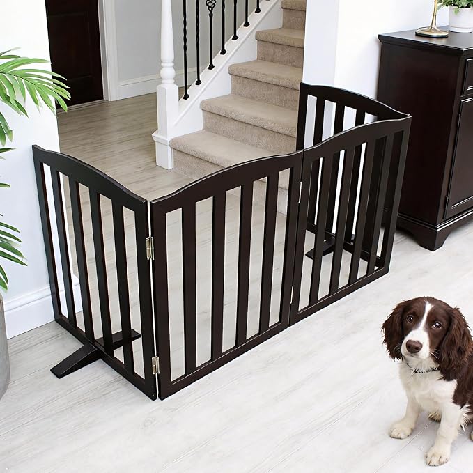ZJSF Foldable Freestanding Indoor Dog Gate for House Wood Long Pet Gates Dog Fence for Stairs Puppy Gates for Hallways, Puppy Gate,Support Feet Included, Black, 32 "Height-4 Panels