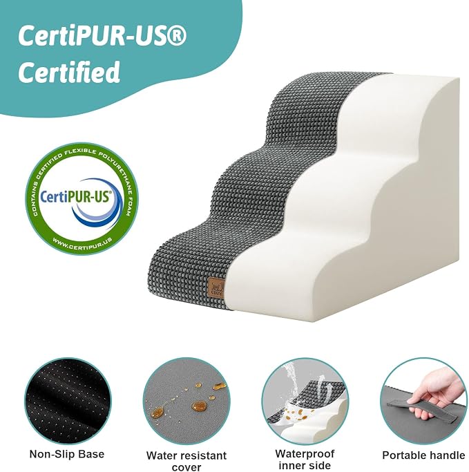 COZY KISS Dog Stairs for Small Dogs 15.7" H, Curved Dog Step for Puppy, Older Cat, Medium Pet Ramp for Sofa, Couch or Chair, Ladder with High Density Foam, 3 Step, 15.7x22.4x15.7 inch, Charcoal Grey