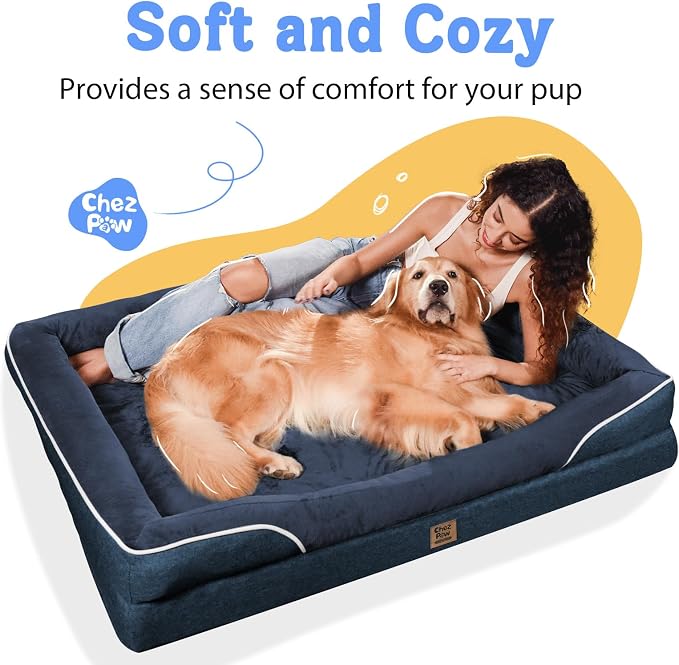 Chez Paw XXL Orthopedic Dog Bed for Extra Large Dogs, Extra Thick Egg-Crate Foam Waterproof Pet Couch with Removable Washable Cover, 4-Sided Bolster & Non-Slip Bottom, Navy 45"x35"x7.5"