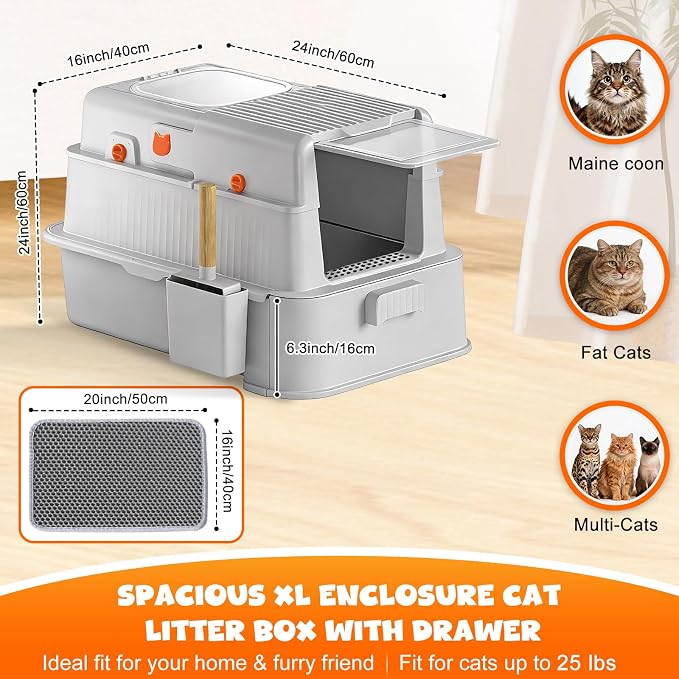 Homegroove Enclosed Stainless Steel Cat Litter Box with Drawer, XL Large Metal Cat Box with Lid for Indoor Cats, Metal Covered Litter Pan with Litter Scoop& Pedal (Light Gray)