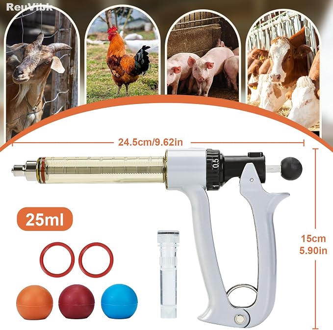 25ml Semi-Auto Repeating Livestock Syringe Gun, 5 Dose Settings | Ergonomic Grip, Clear Barrel & Luer Lock, Vet Injector for Cattle, Horses, Goats, Sheep & Pigs