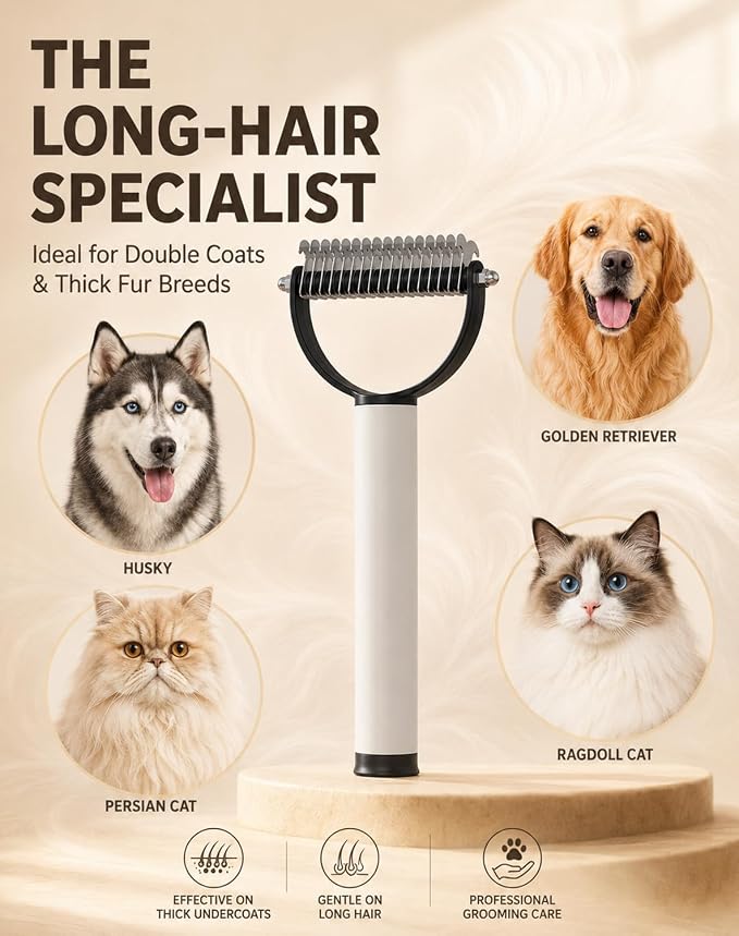 2 in 1 Pet Dematting Comb & Integrated Lint Roller, Stainless Steel Undercoat Rake for Dogs & Cats, Painless Tangle & Mat Remover, Extra Wide Grooming Tool for Long-Haired Breeds (Black)