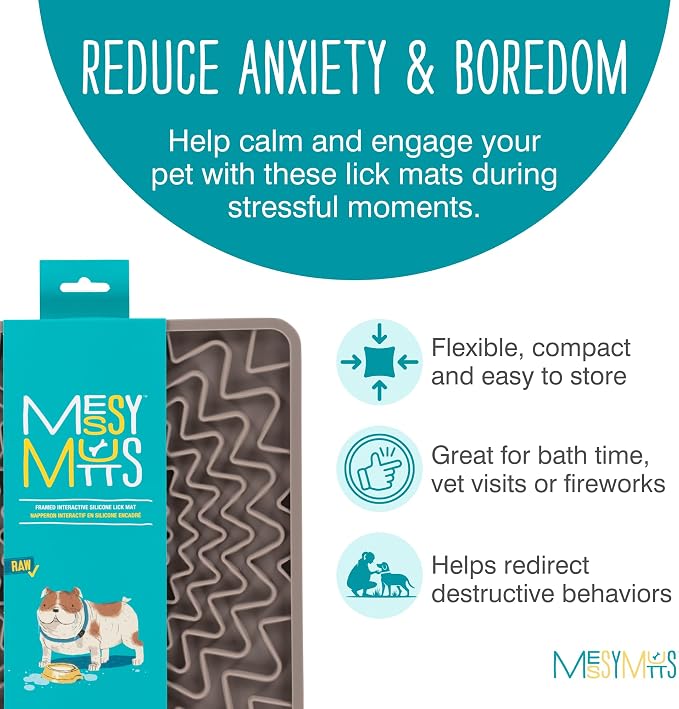 Messy Mutts Framed Silicone Therapeutic Licking Mat | 9.5" x 9.5" | Slow Feeder Mat for Boredom & Anxiety | Lick Pad for Dogs & Cats | Grey