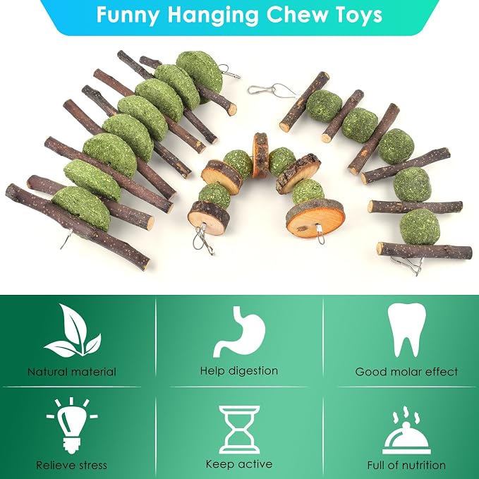 ERKOON Bunny Chew Toys, Rabbit Chew Toys for Teeth Grinding, Improve Dental Health, 100% Natural Apple Wood Timothy Grass Cake Treats for Rabbits Guinea Pigs Chinchillas Bunnies Hamsters (5 Pcs)