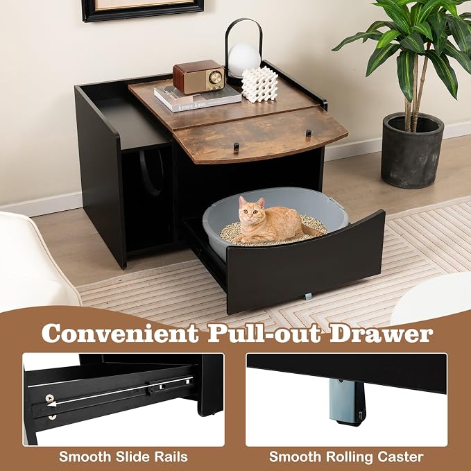 PETSITE Cat Litter Box Enclosure w/Pull-Out Drawer, Hidden Cat Washroom Furniture w/Flip Door, Rolling Caster, Indoor Cat House for Small to Large Sized Cats, Wooden Pet House Side Cabinet