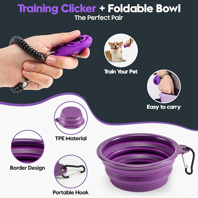 Dog Training Treat Pouch, Magnetic Dog Treat Fanny Pack for Walking, Crossbody Dog Walking Bag with Poop Bag Dispenser, Clicker & Collapsible Bowl - Purple
