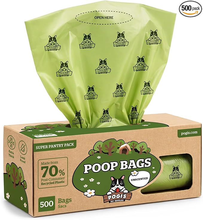 Pogi's Poop Bags – Large, Leak-Proof Dog Waste Bags for Yard or Home Use, Unscented (Single Roll, 500-Count)