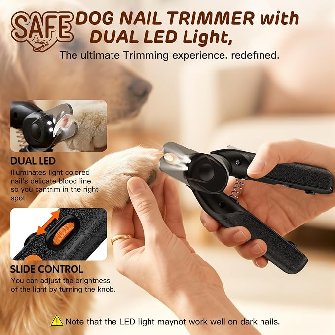 Dog Nail Clippers & Cat Nail Clipper, Pet Nail Trimmer with 2 LED Lights,Safety Side Lock, Nail File and Anti-Slip Handles, Dog Nail Grinder Quiet for Large Medium and Small Dogs & Cats