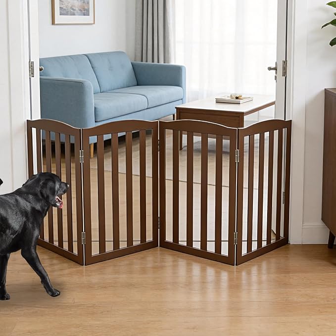 Freestanding Dog Gate Indoor,Doggie Gate Foldable Pet Gates for Doorways,Stairs or Hallways, Wooden Brown Pet Gate for the House, Pet Fence,24 "Height-4 Panels