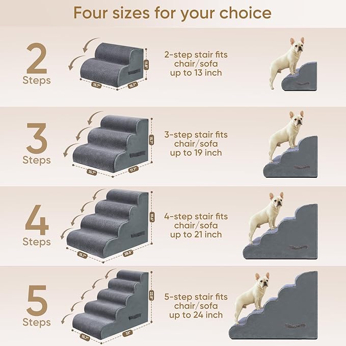 PAWSCRAT Pet Stairs for Dogs 5-Step, 22.8" H Pet Stairs for High Bed, Couch Sofa & Chair, 30D Material Soft Foam Dog Steps with Non-Slip Bottom Surface Removable Washable Cover, Grey