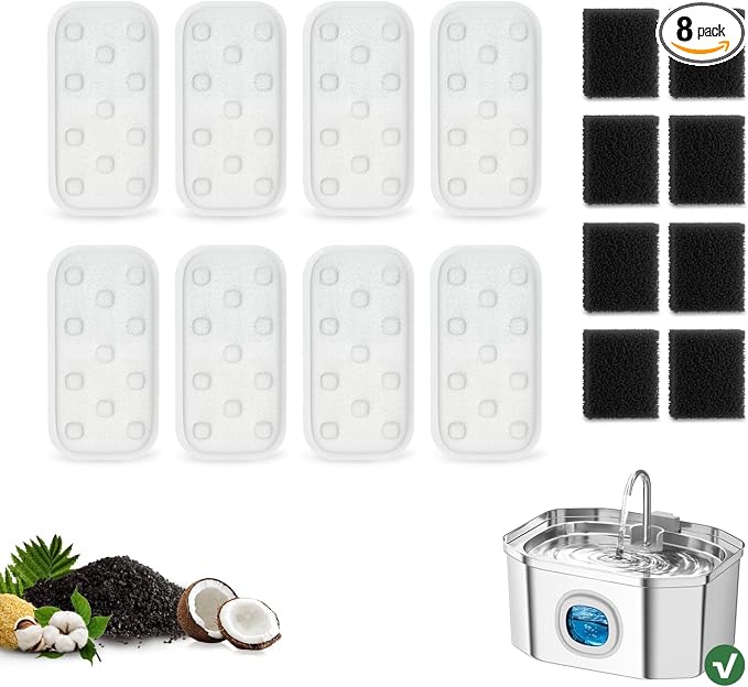 16 Pack Replacement Filters/Sponges (8+8) - Individually Packaged-Applicable to APAUK Cat Water Fountain Stainless Steel (APFSS-3201)