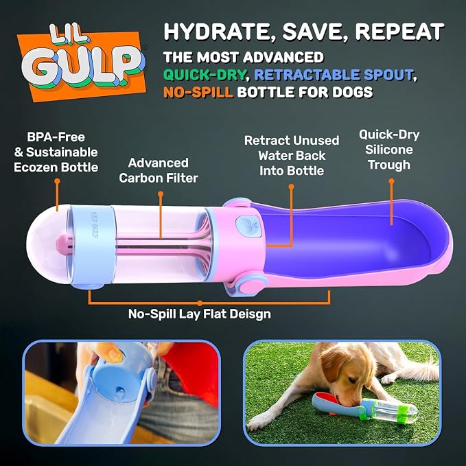 Lil Gulp Water Bottle | Advanced Carbon Filtration for Safe Filtered Water on The Go | BPA-Free Leak-Proof Portable Dog Travel Water Bottle with Retractable Water Spout, 15 Fl oz - Sherbet Soaker