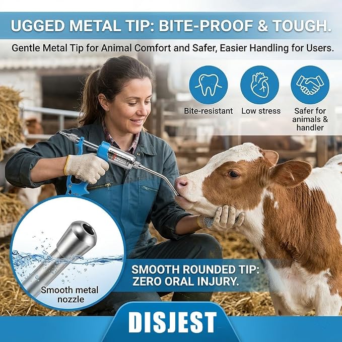 50ml Adjustable Veterinary Metal Liquid Feeding Dispenser, Continuous Dosing Applicator for Sheep, Cow, Pig, Horse | Heavy-Duty Reusable Livestock Supplementation Tool