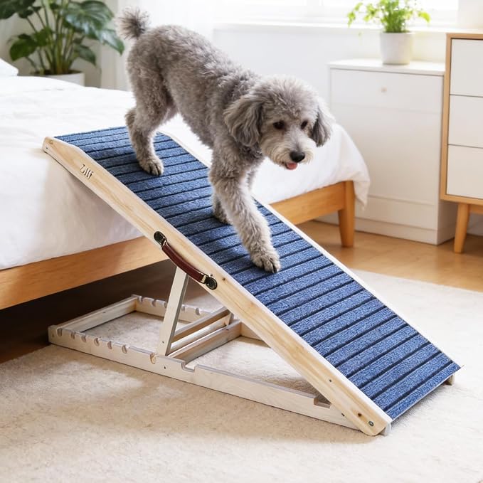 ZJSF Foldable Wooden Dog Ramp for High Bed, Dog Stairs for Small Dogs, High Traction Platform with 5 Adjustable Heights (14"-28"), 47", Supports up to 200 lbs