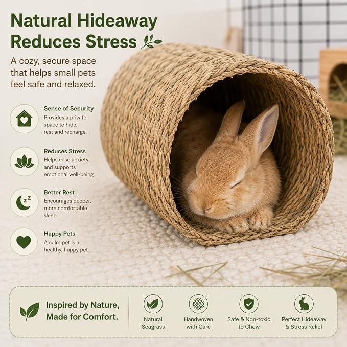PEMAR Natural Seagrass Bunny Tunnel - Handwoven Rabbit Hideaway & Edible Grass House - Safe Chew Toy, Bed for Guinea Pigs, Chinchillas, Rats & Indoor Bunnies - Small Animal Enrichment (9x8.3x6.3”)