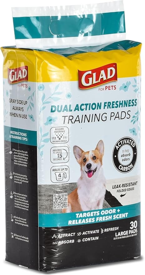 Glad for Pets Dual Action Freshness Activated Carbon Puppy Pads, Fragrance Release, Scented Odor Control, 6-Layer Leak-Proof, Pheromone Attractant, 23 x 23 Inch, 30 Count - 6 Pack