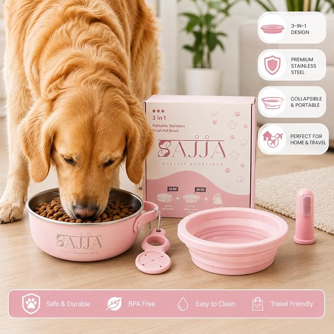 Pink Slow Feeder Travel Dog Bowl Set – 30oz Stainless Steel + 20oz Collapsible Silicone Dish + Silicone Slow Feeder Insert | Water Bottle Holder | Non-Slip, Anti-Choking, BPA-Free – Claim