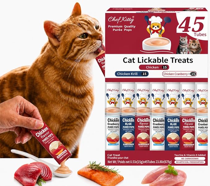 Purée Pops, Cat Treats, Grain-Free, Lickable, Squeezable Creamy Cat Treat/Topper with Vitamin E & Taurine, 0.5 Ounces Each Tube, 45 Tubes, Chicken Mix Variety