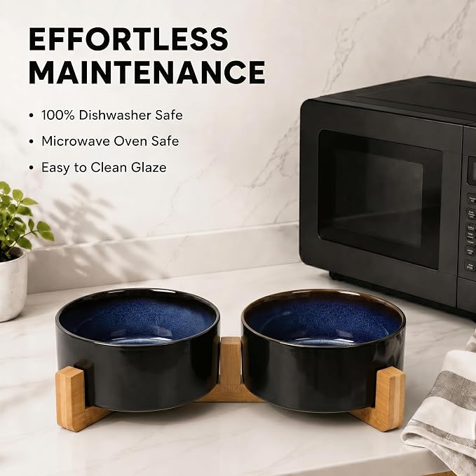 SPUNKYJUNKY Ceramic Dog and Cat Bowl Set with Wooden Stand, Modern Cute Weighted Food Water Set for Small Size Dogs (13.5OZ) & Medium Sized Dogs (28.7OZ) & Cats (3.6 Cups, 2 × Starry Blue)