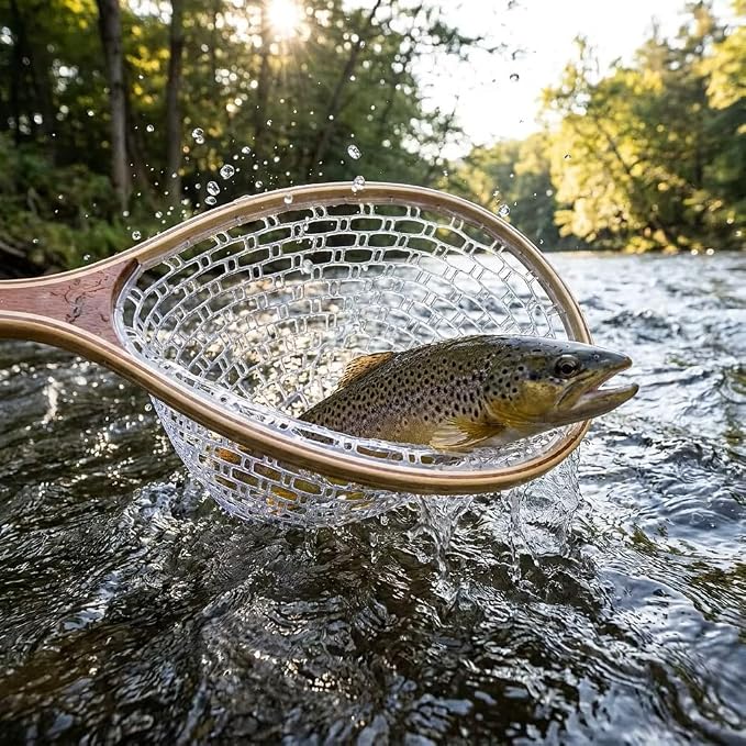 YYKBlueSky Fly Fishing Landing Net - 24" Trout Net, Soft Clear Silicone Mesh for Catch and Release, Durable Wood Frame, Safety Lanyard & Carabiner for Wading, Kayak & Boat Fishing