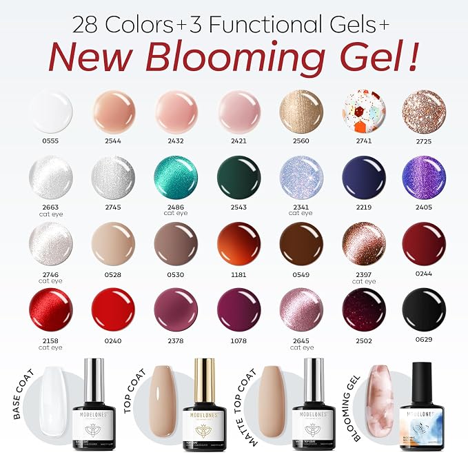 modelones 32 PCS Gel Nail Polish Kit, 28 Colors Gel Polish with Blooming Gel, Base Coat, Glossy & Matte Top Coat Cat Eye Jelly Glitter Chameleon Soak Off LED Nail Art Kit Salon at Home