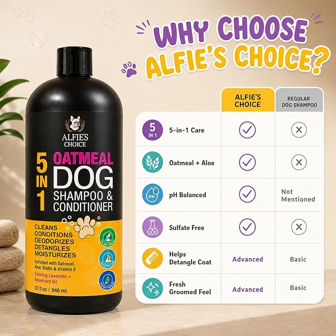 Oatmeal Dog Shampoo and Conditioner 32 fl oz | 5 in 1 Puppy Shampoo for Itchy Sensitive Skin | Dog Wash with Aloe, Biotin & Vitamin E | Cleans, Deodorizes & Moisturizes | All Breeds | ALFIE'S CHOICE