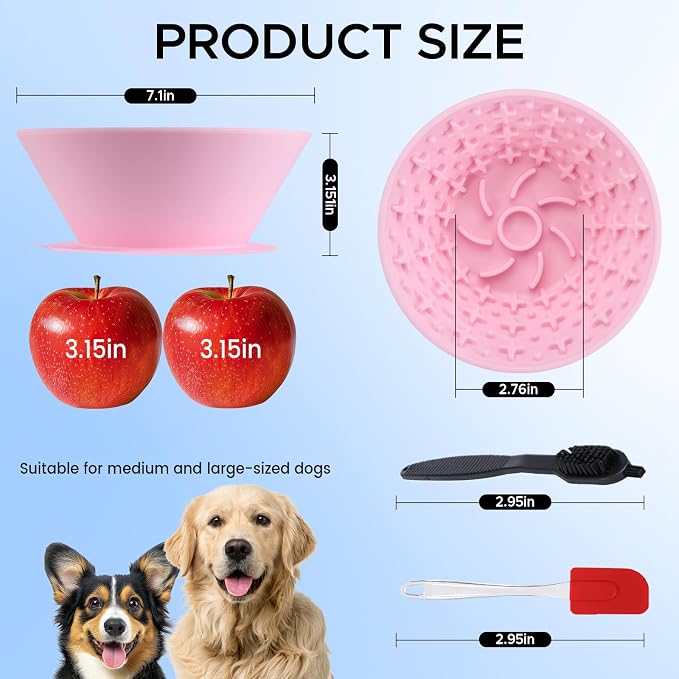 Dog Lick Bowl – Silicone Lick Mat for Dogs,Freezer-Safe, Slow Feeder, Non-Slip Base, Includes Brush & Scraper, Large Opening for Anxiety Relief & Oral Health, Ideal for Frozen Treats (Pink)-Large