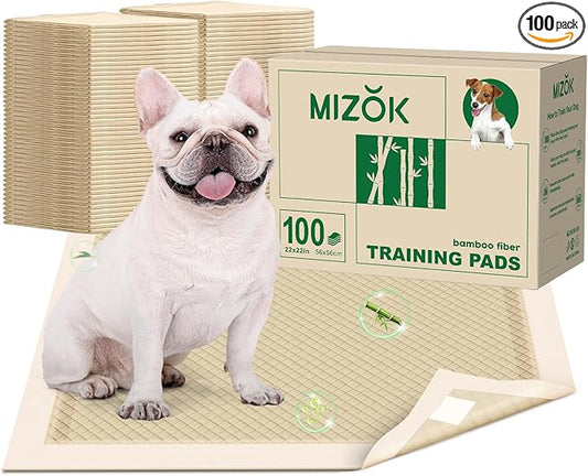 MIZOK Puppy Pads Small 22x22 Pee Pads for Dogs Bamboo Odor Eliminating & 6-Layer Absorbent Leak-Proof Dog Pee Pads Potty Training with Adhesive Tabs, Disposable (100 Counts)