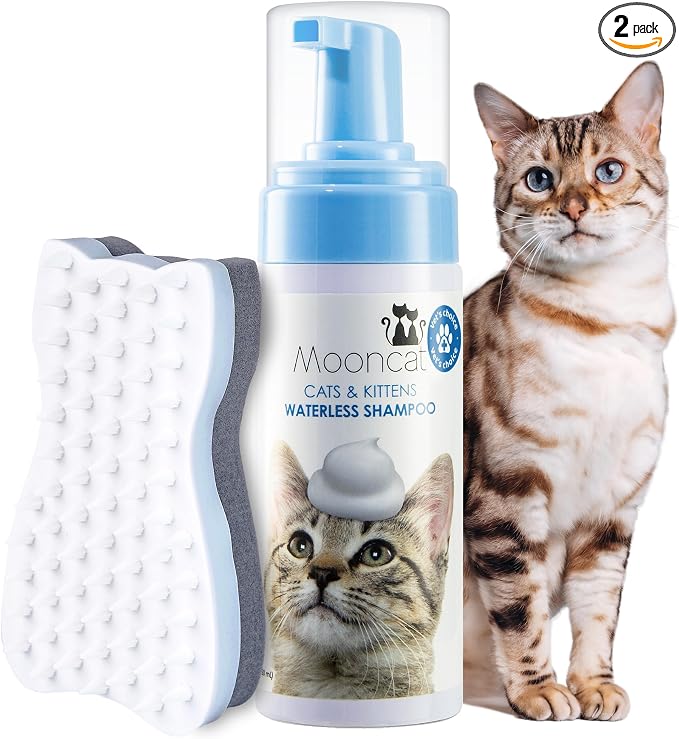 Mooncat Waterless Cat Shampoo + 2-in-1 Cat Bath Brush Set, No Rinse Dry Foam Bath for Short Hair Cats & Kittens, SGS-Tested Lick-Safe, Veterinarian Approved & pH-Balanced, Brush, 5 oz