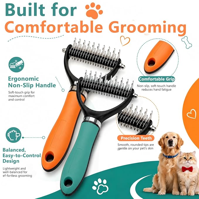 Dog Brush and Cat Deshedding Rake, Pet Grooming Tool for Shedding with Rounded Stainless Steel Teeth, Comfortable Grip for Long or Thick Coats (Orange+Green)