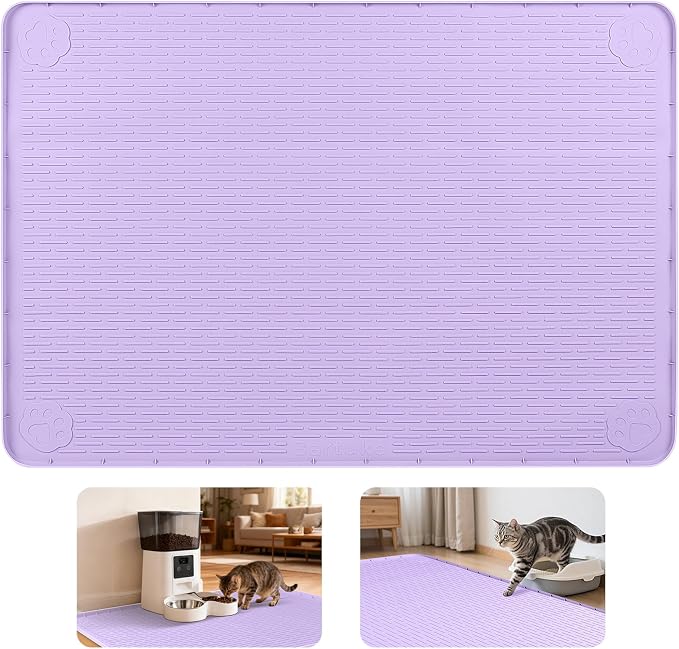 Cat Food Mat, 50" x 35" Extra Large Silicone Pet Feeding Mat with Raised Edge Pet Placemat for Food and Water Bowl Non-Slip, Easy to Clean, Floor Protection (Purple)