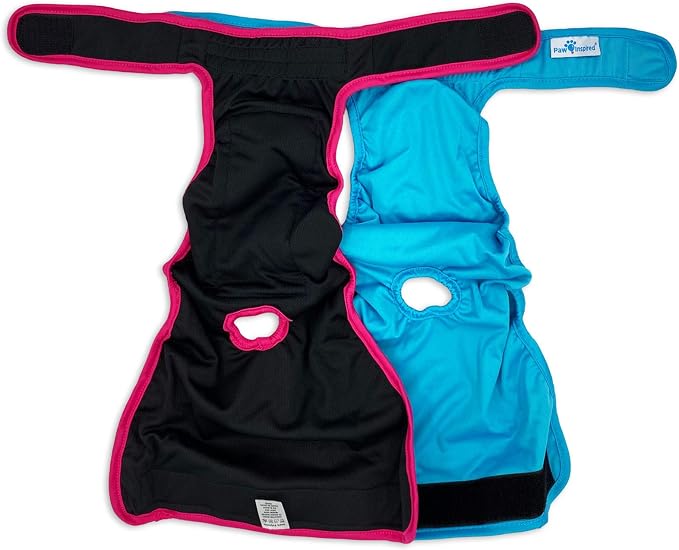 Paw Inspired Washable Dog Diapers (2 Pack) | Reusable Cloth Doggy Diapers for Female Small, Medium, Large Size Dogs (Pink and Blue Colors with Black Lining, Size Large)